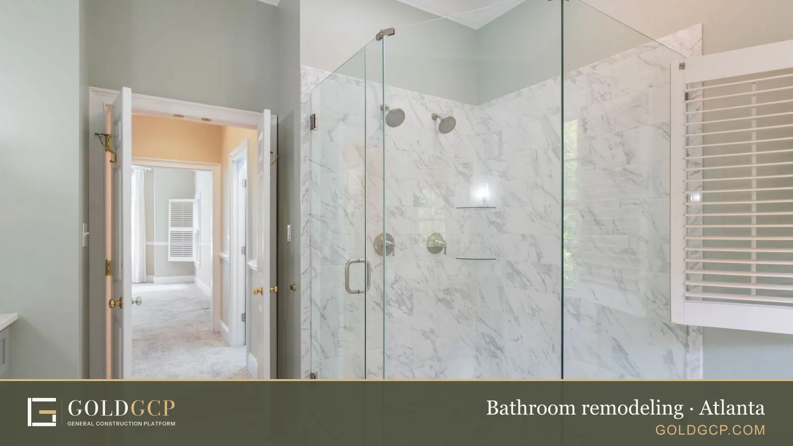Spacious luxury bathroom with a contemporary marble shower, glass doors, and elegant interior design.