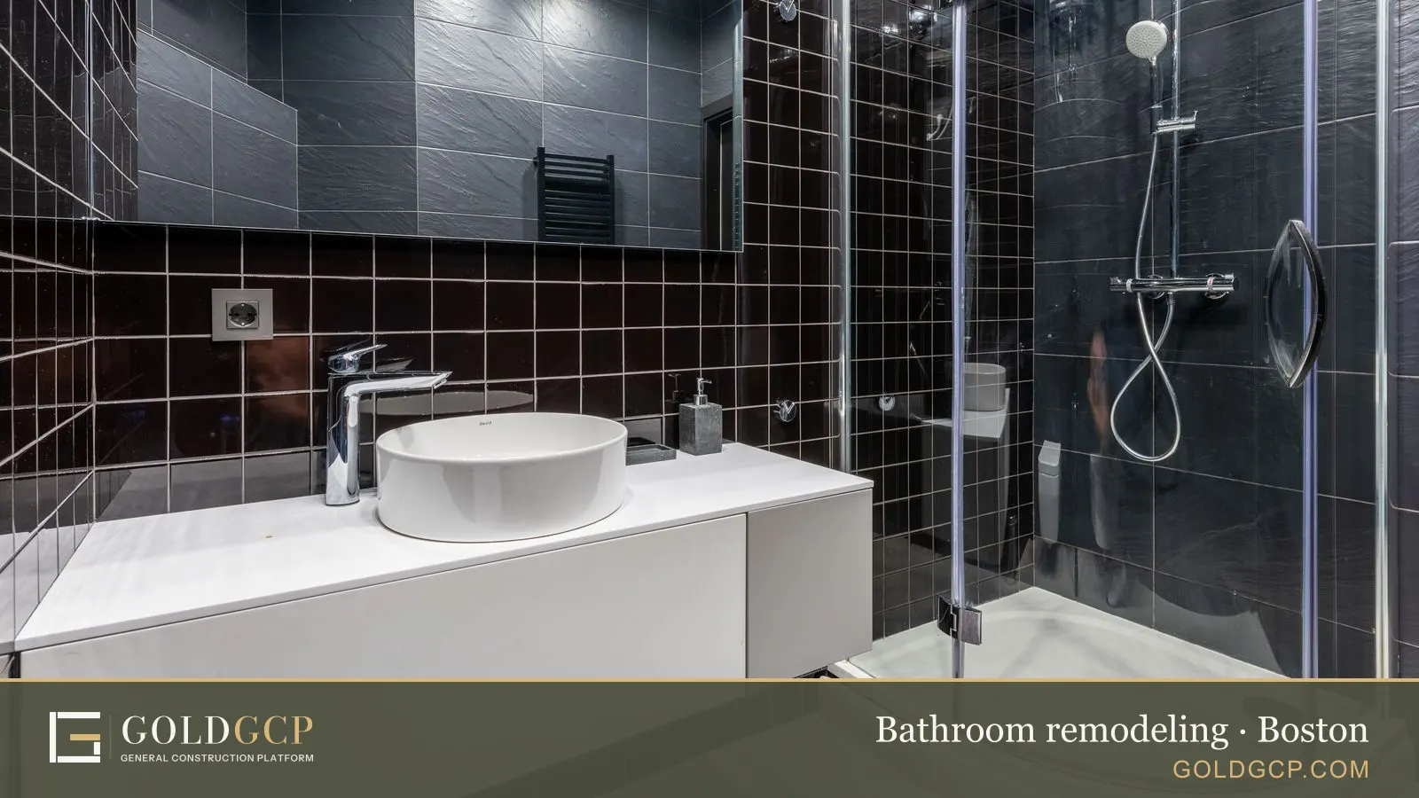 Modern bathroom interior with a ceramic sink, a shower with clear glass doors, and a mirror.