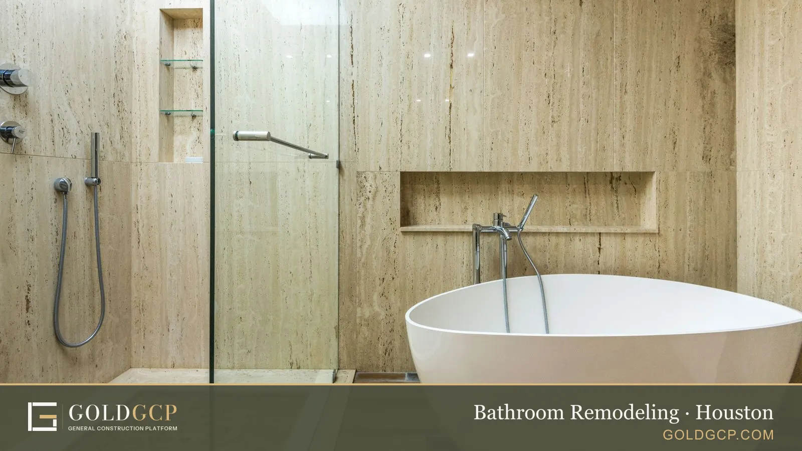A remodeled bathroom with a walk-in glass shower, stone walls and a freestanding tub