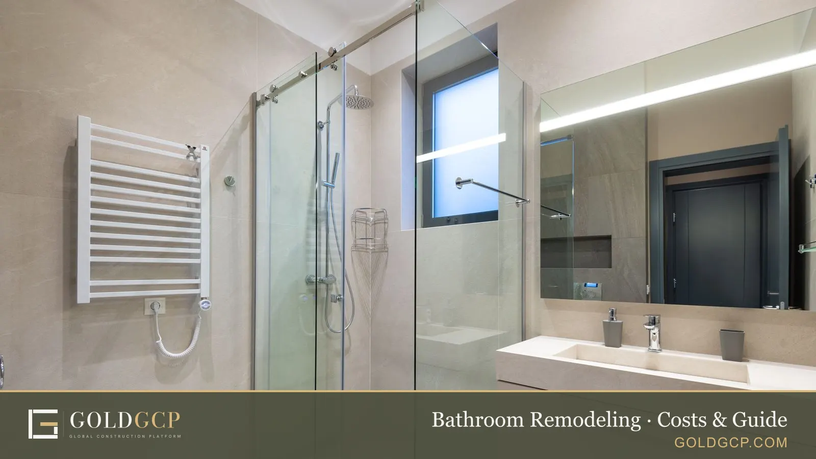 A modern bathroom with a glass shower enclosure, mirror and floating vanity