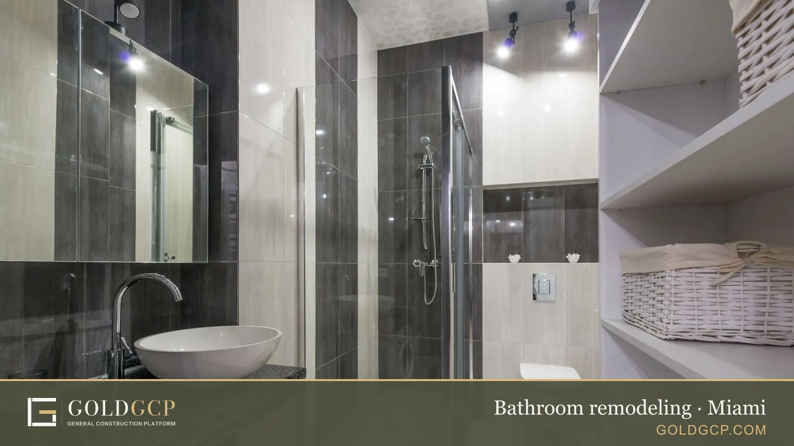 Contemporary bathroom with a glass shower, stylish sink, and storage shelving.