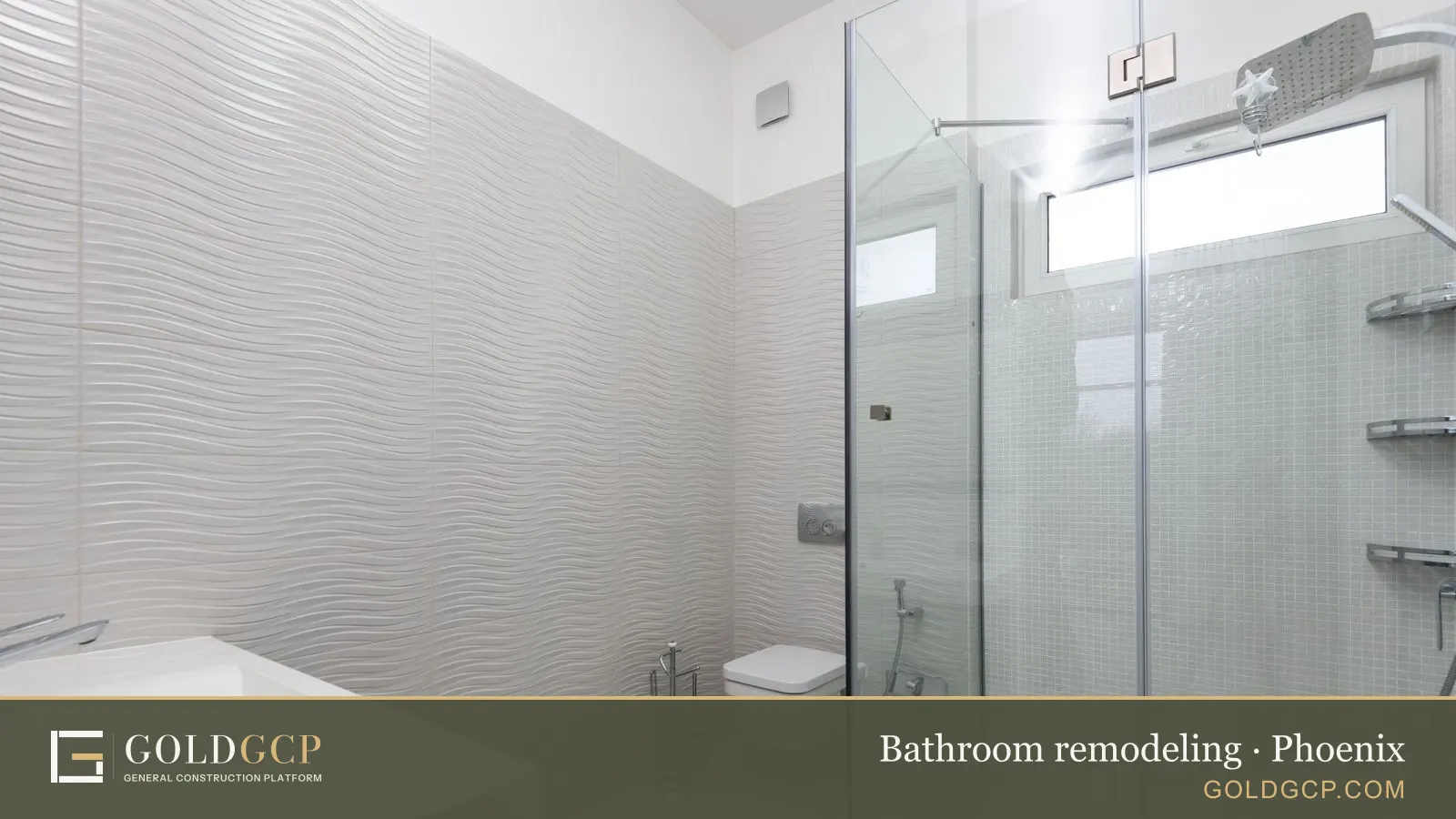 Shower room with glass walls next to a toilet and washbasin above a tiled floor
