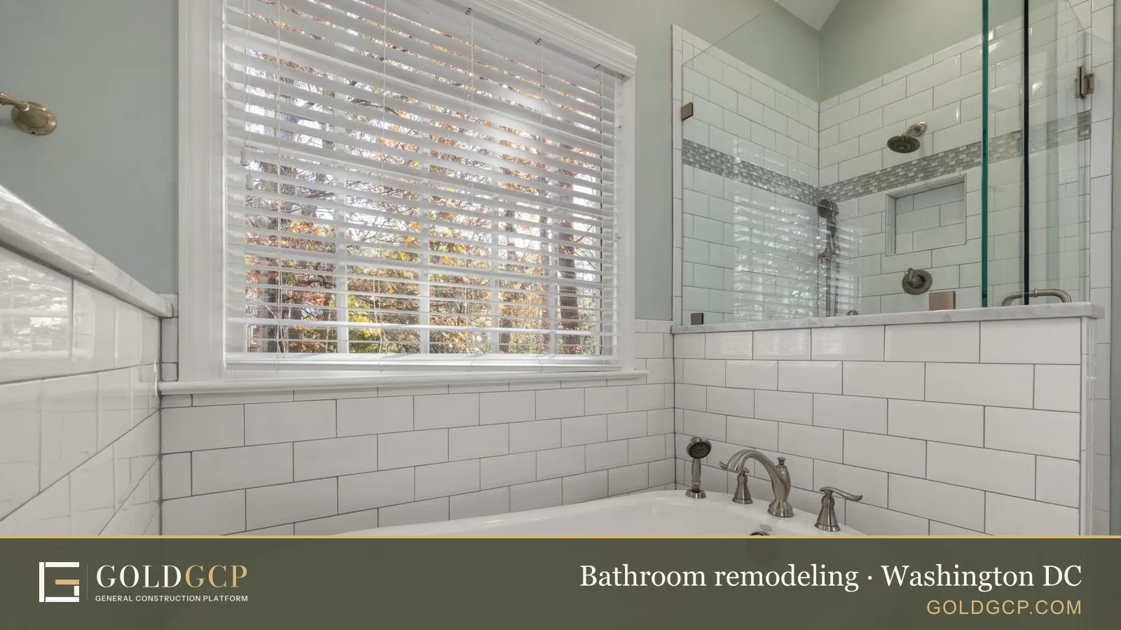 Spacious bathroom with a freestanding tub and glass shower surrounded by subway tiles.