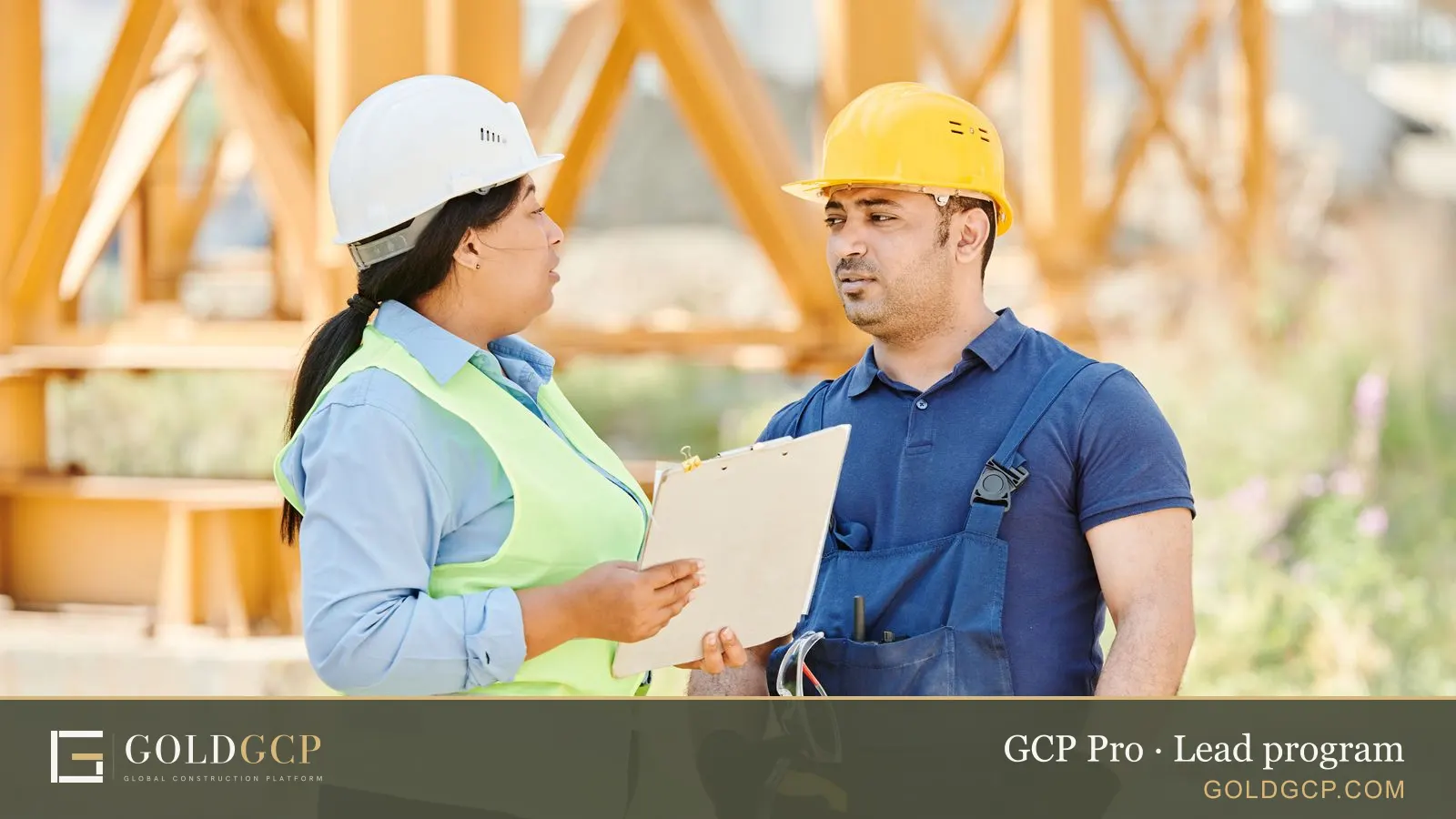Two construction workers in safety gear talking on a job site