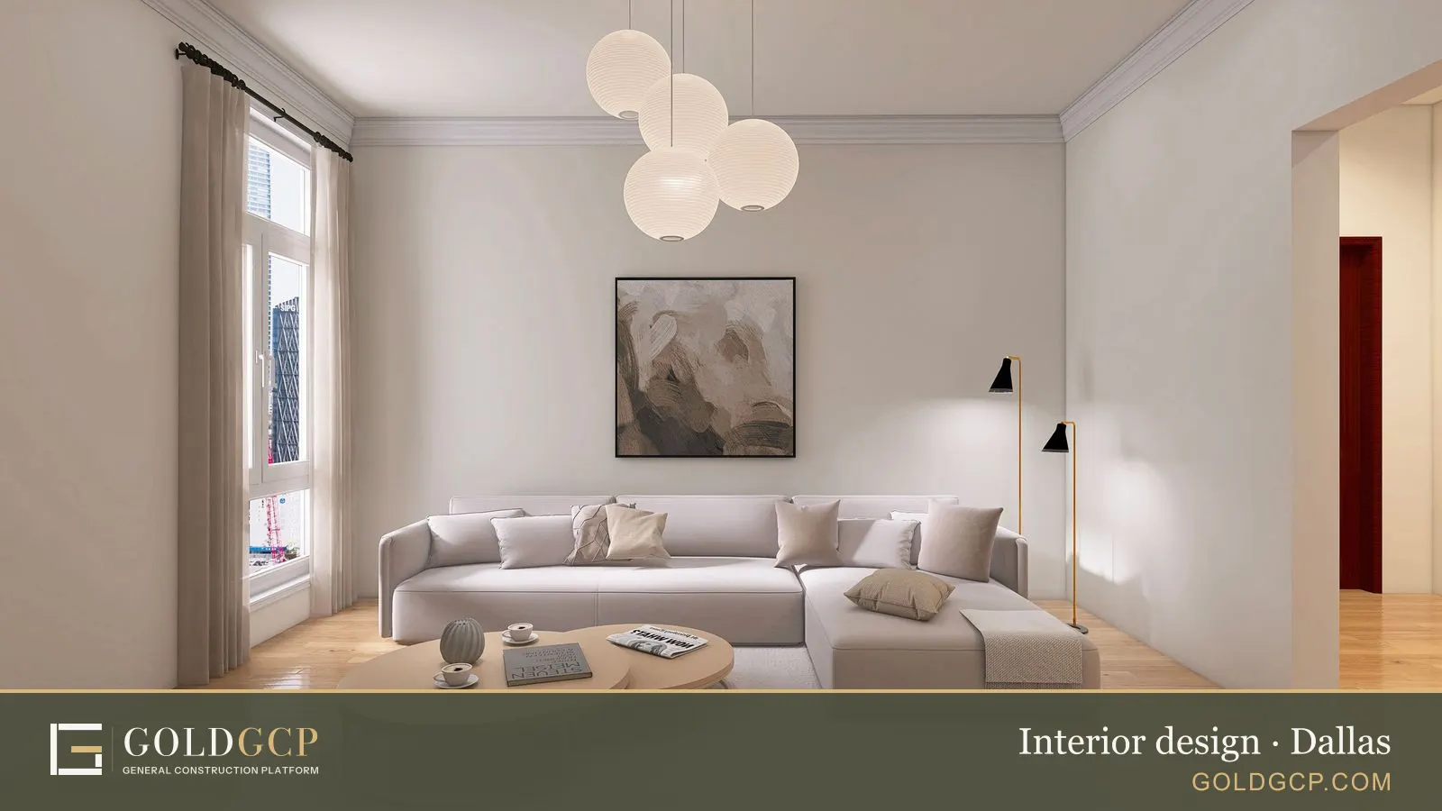 A minimalist living room with a white sectional, round coffee tables and globe pendant lights