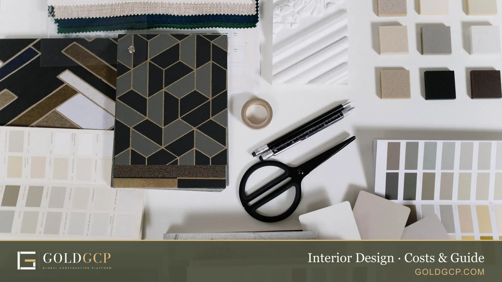 Interior design material samples, color swatches and drawing tools on a desk