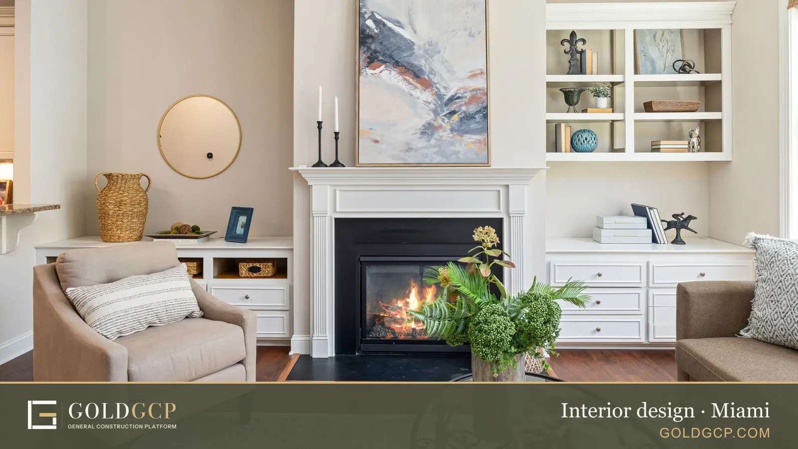 Elegant living room with a modern fireplace, art, and stylish furniture for a cozy ambiance.