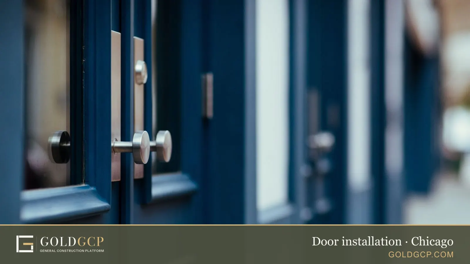 Modern blue wooden doors with metallic handles.