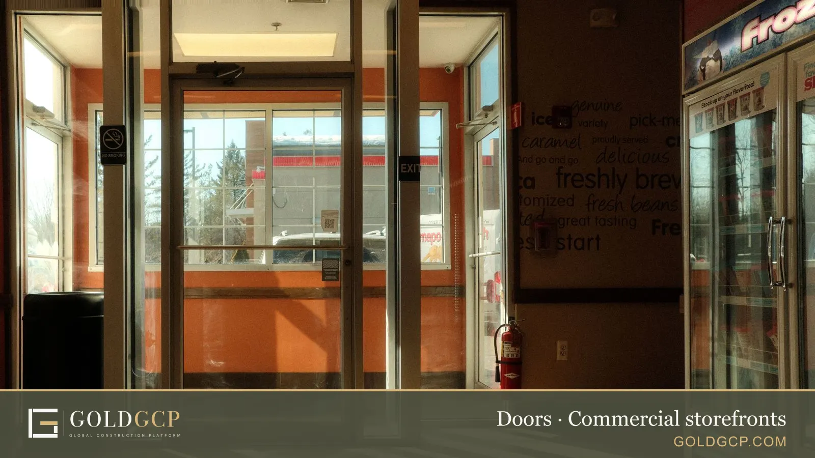 The sunlit glass entrance of a small store
