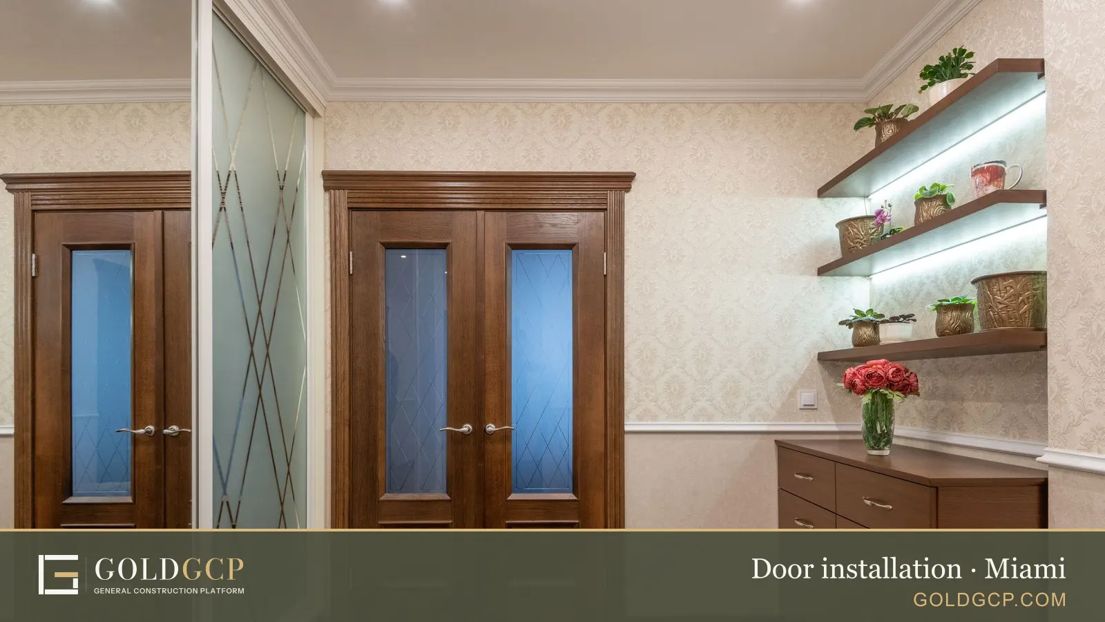 Elegant interior with wooden doors, floral decor, and modern shelving in a residential space.