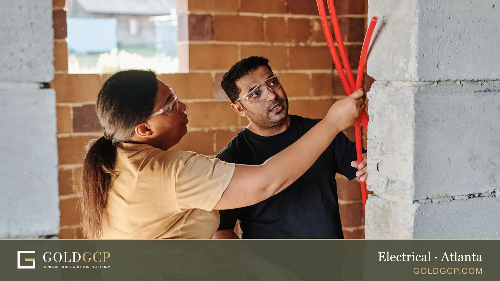 Two construction workers assessing electrical wiring in a brick structure.