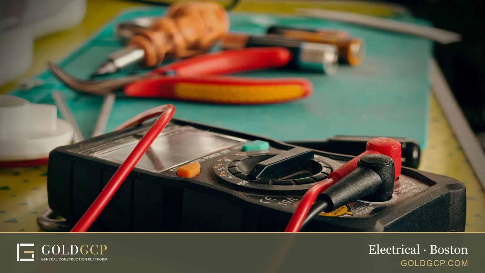 A multimeter, pliers and electrician's tools on a workbench.