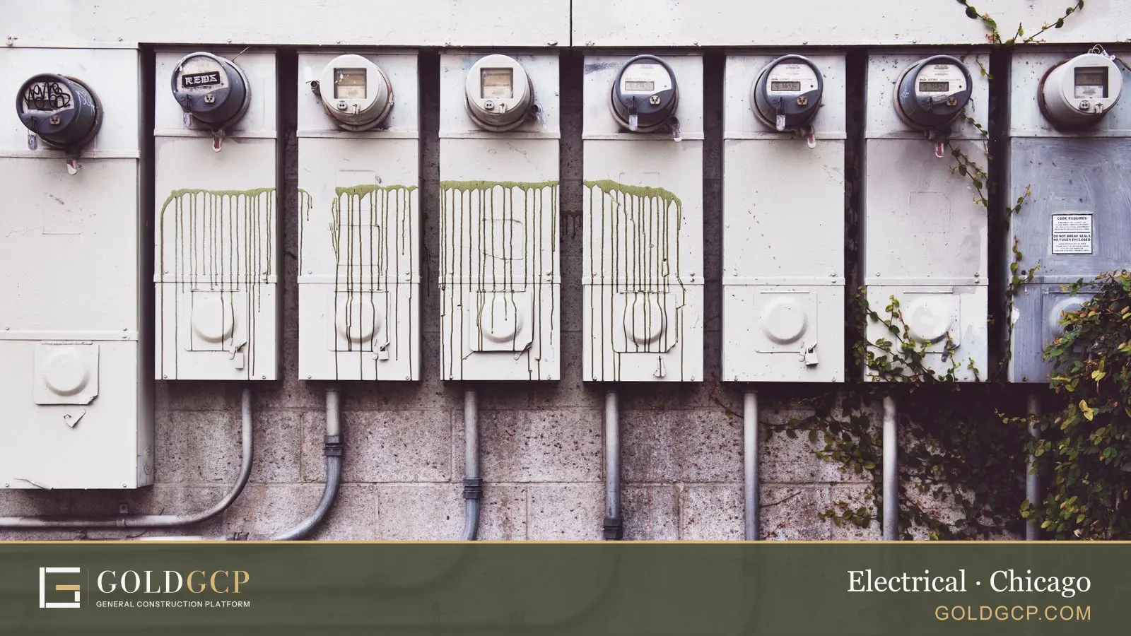 A row of electric meters with metal conduit on a brick apartment building wall