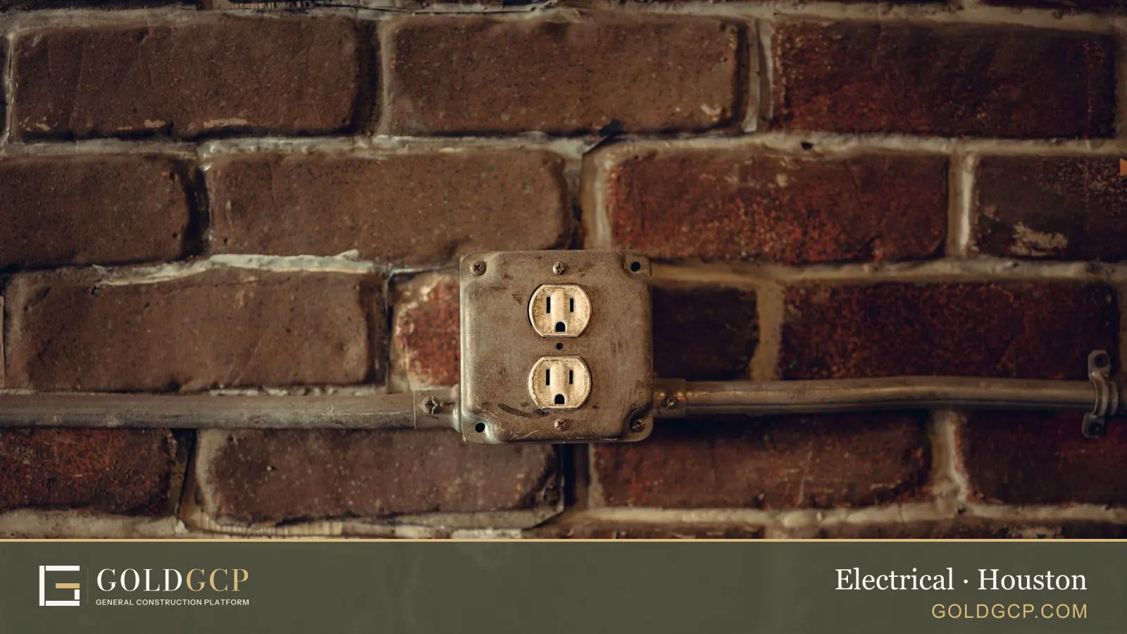 A duplex outlet in a metal box with conduit run along a brick wall