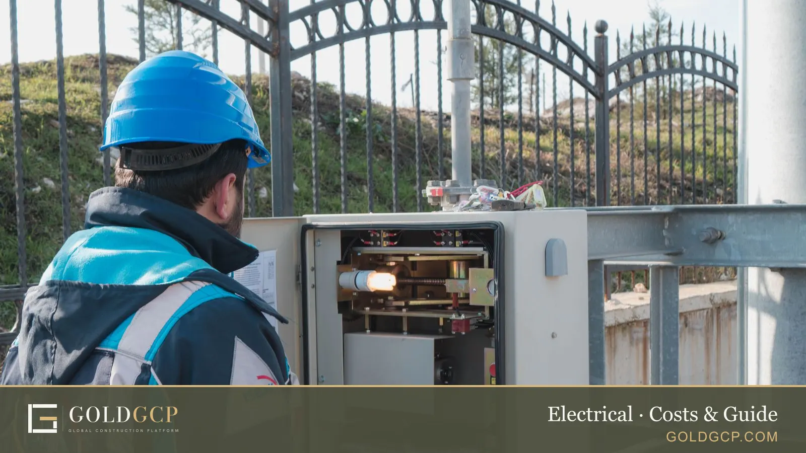 An electrician in a hard hat inspecting an outdoor fuse box