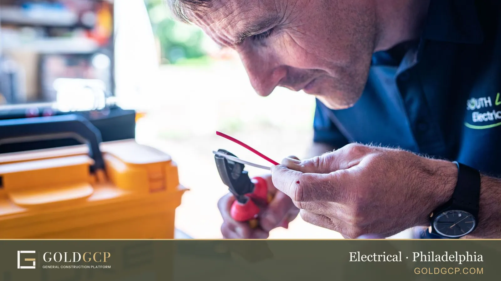 Focused technician working on wiring with tools in a workshop setting.