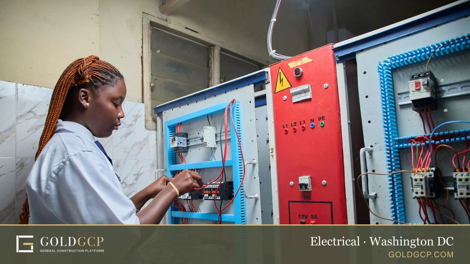 Young female technician repairing an electrical control panel in an industrial setting.