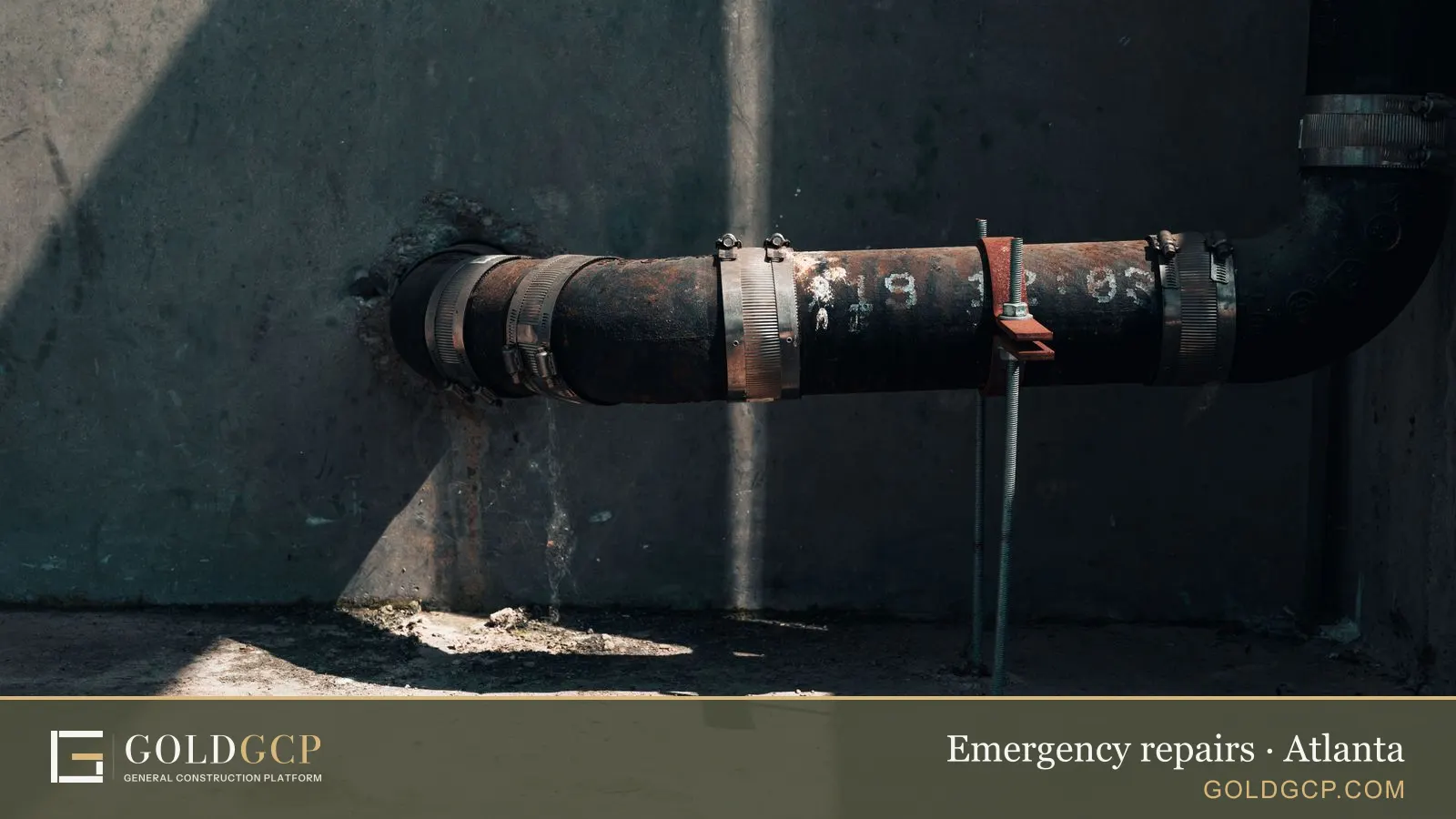 Rusted industrial pipe on a concrete wall with dramatic sunlight and shadows
