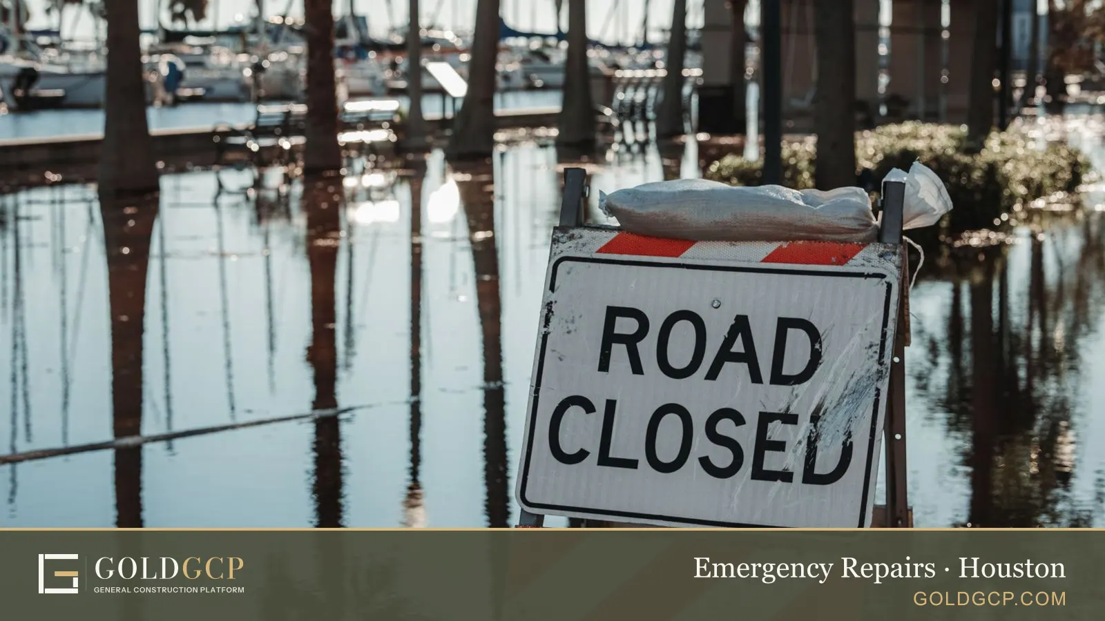 A road closed sign standing in floodwater after a storm