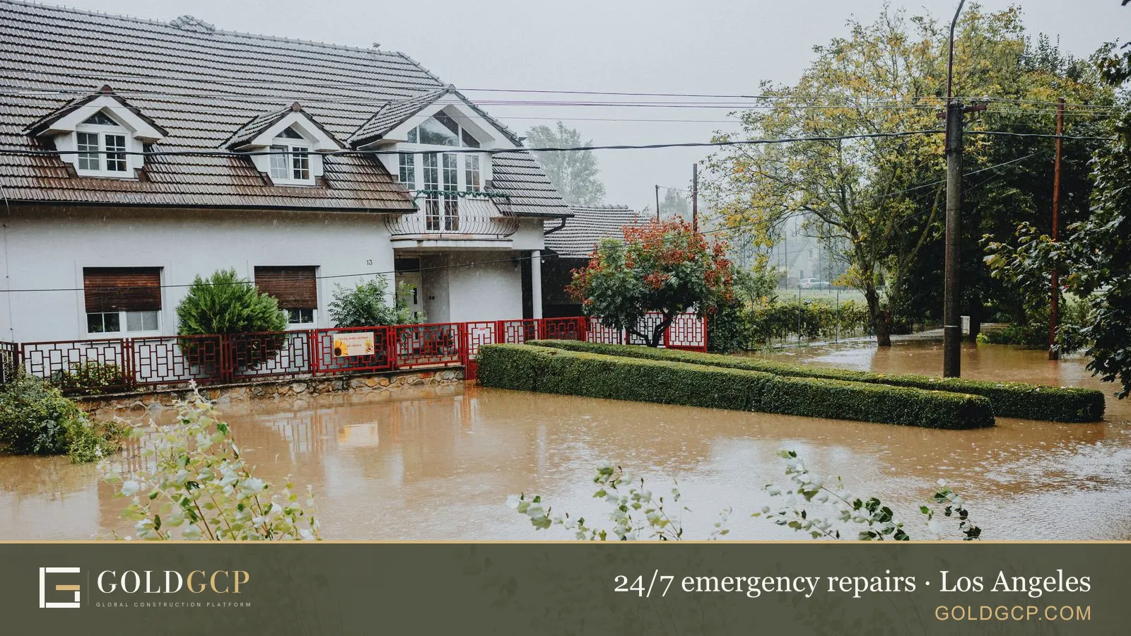 A suburban house surrounded by floodwater after heavy rain