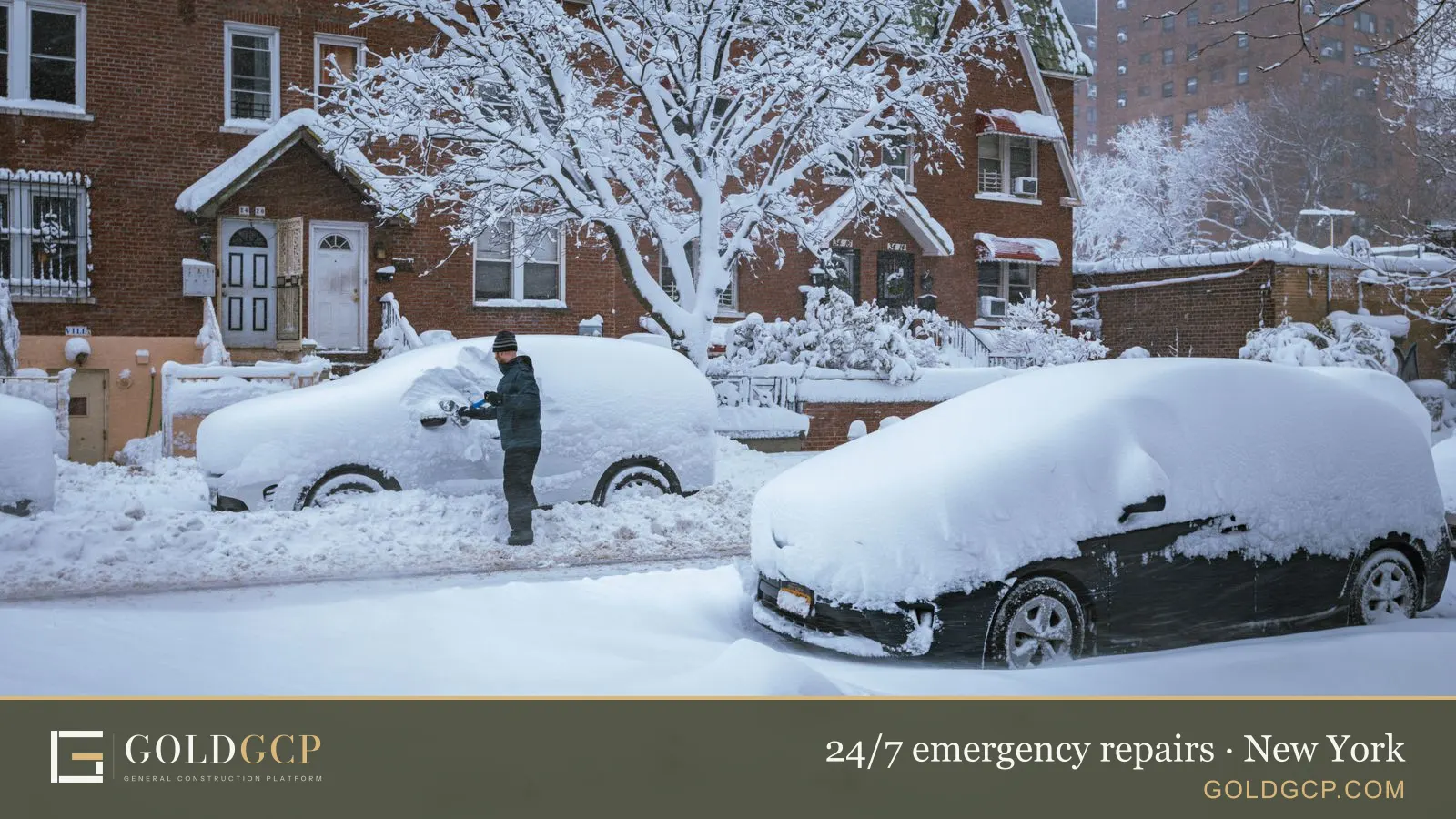 A person brushing snow off a car on a New York City street after a snowstorm