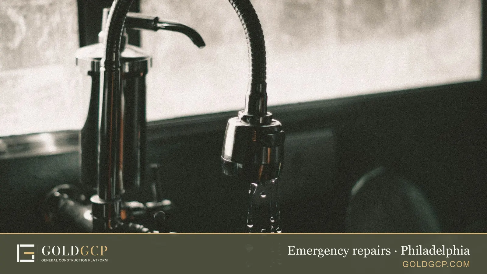 Close-up of a kitchen faucet with water droplets falling into the sink, minimalist style.
