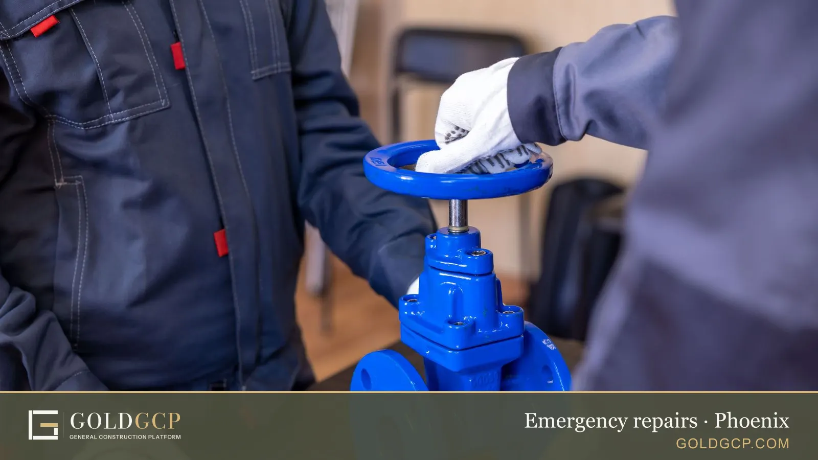 Close-up of two technicians adjusting a blue industrial valve indoors.