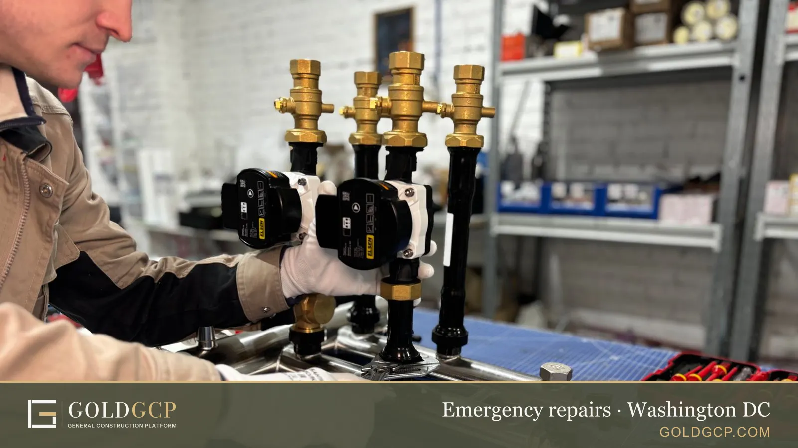 Engineer assembling a piping system for industrial heating, with valves and control units.