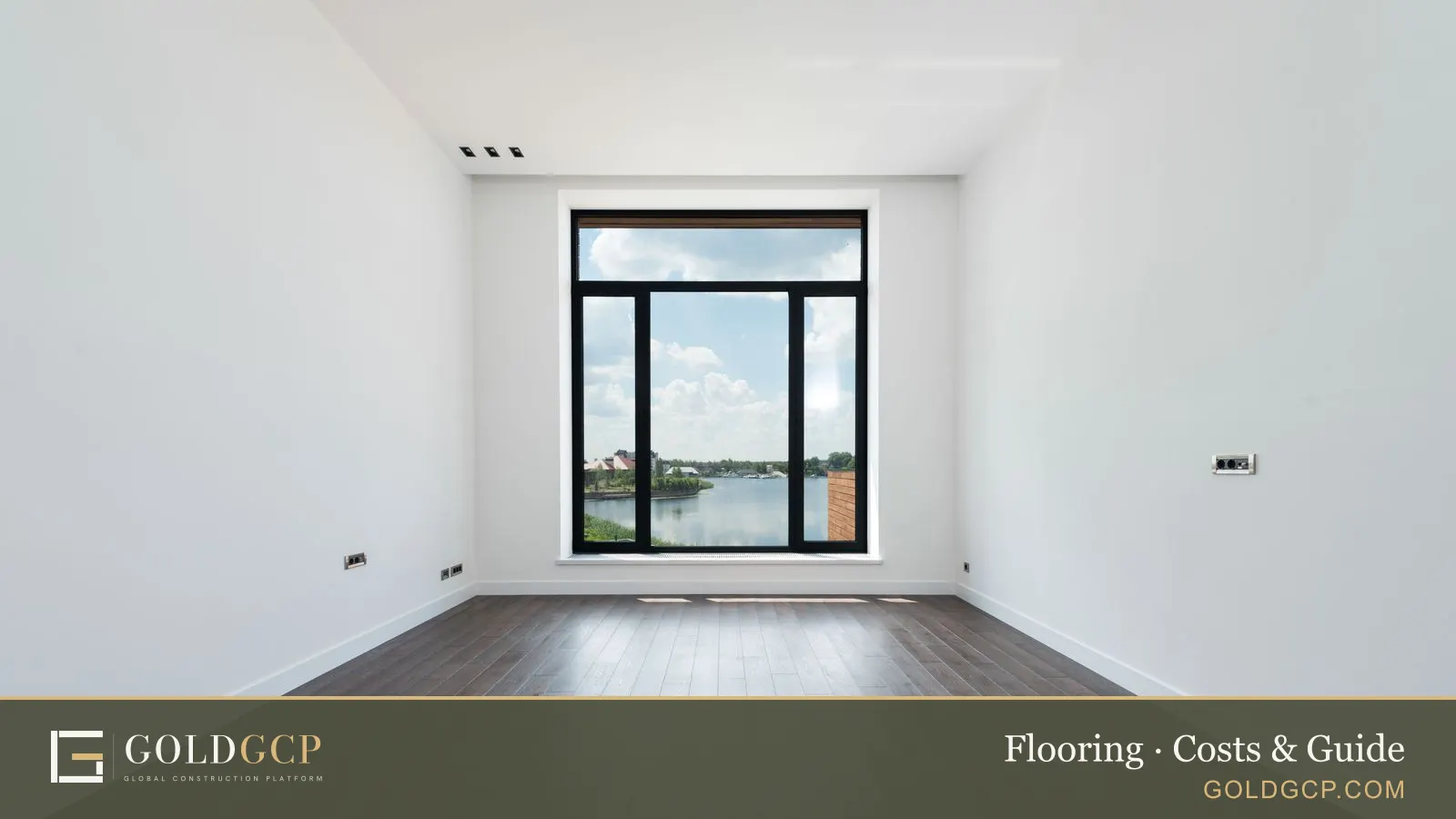 A bright, empty room with light wood laminate flooring and large windows