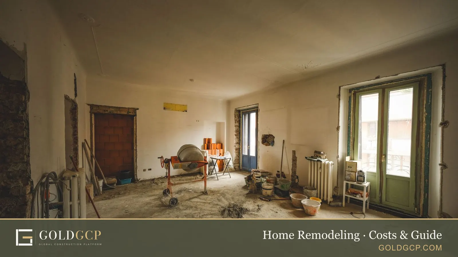 A sunlit room under renovation with construction materials and tools