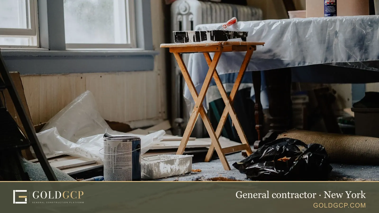 Paint supplies on a table in a home under renovation