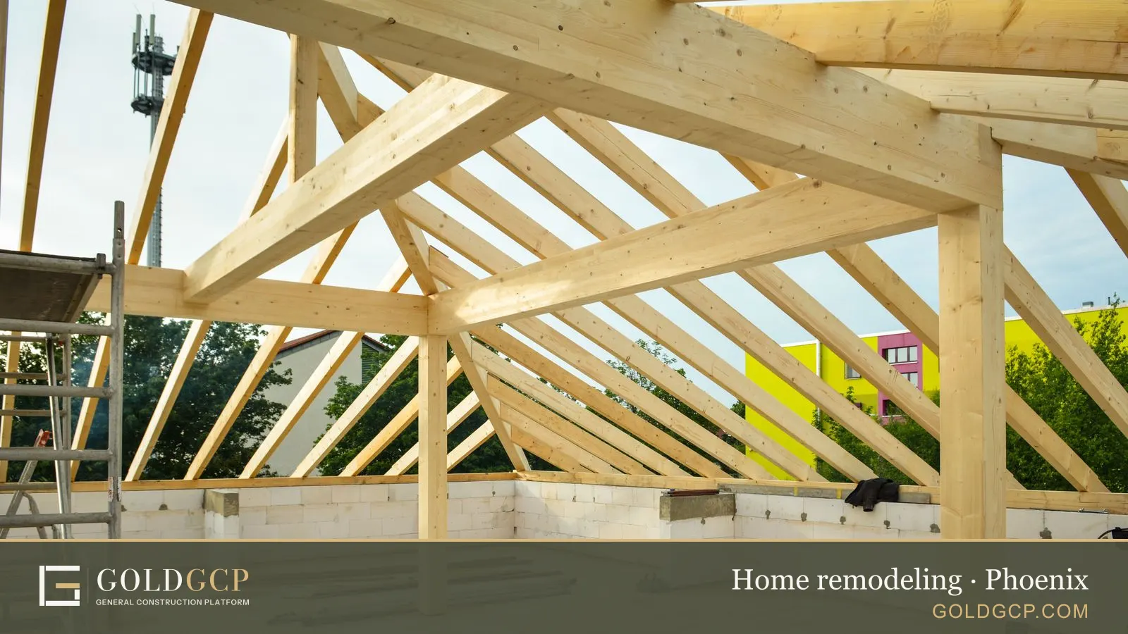 Wooden roof structure in progress with open sky view, construction theme.