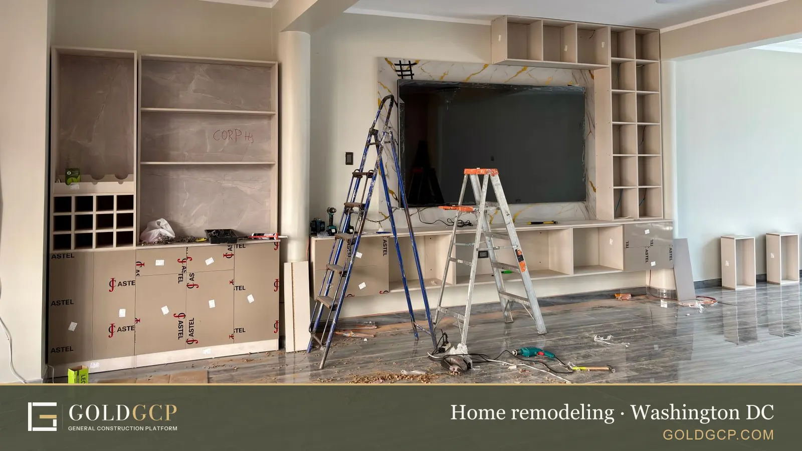 Interior renovation scene with ladders and tools in a modern living room.
