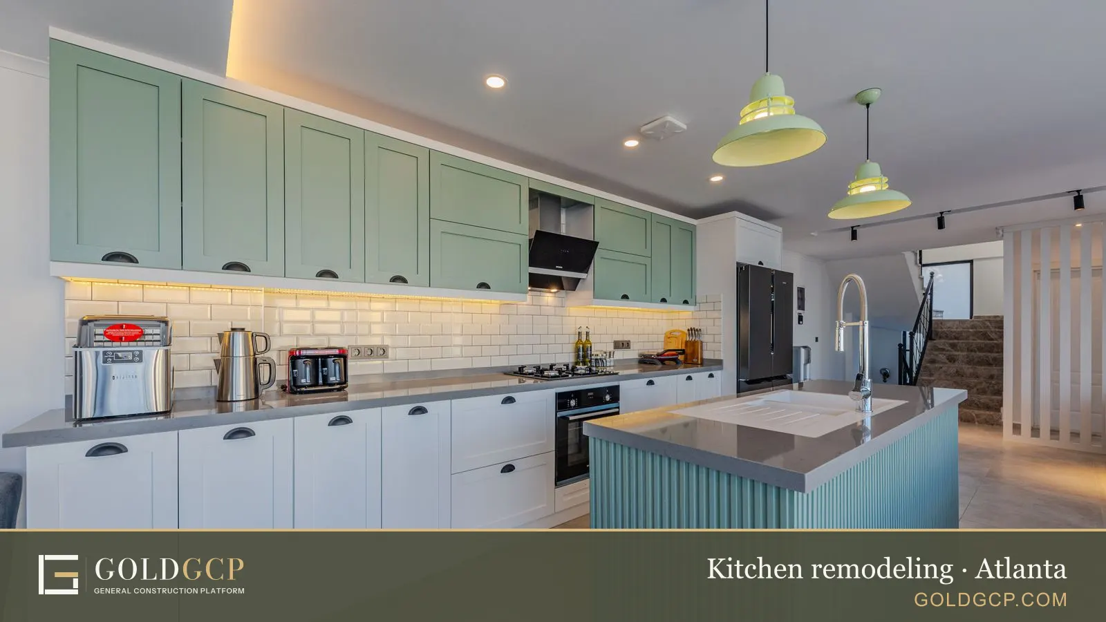 Stylish kitchen with contemporary design, an island, and modern appliances.