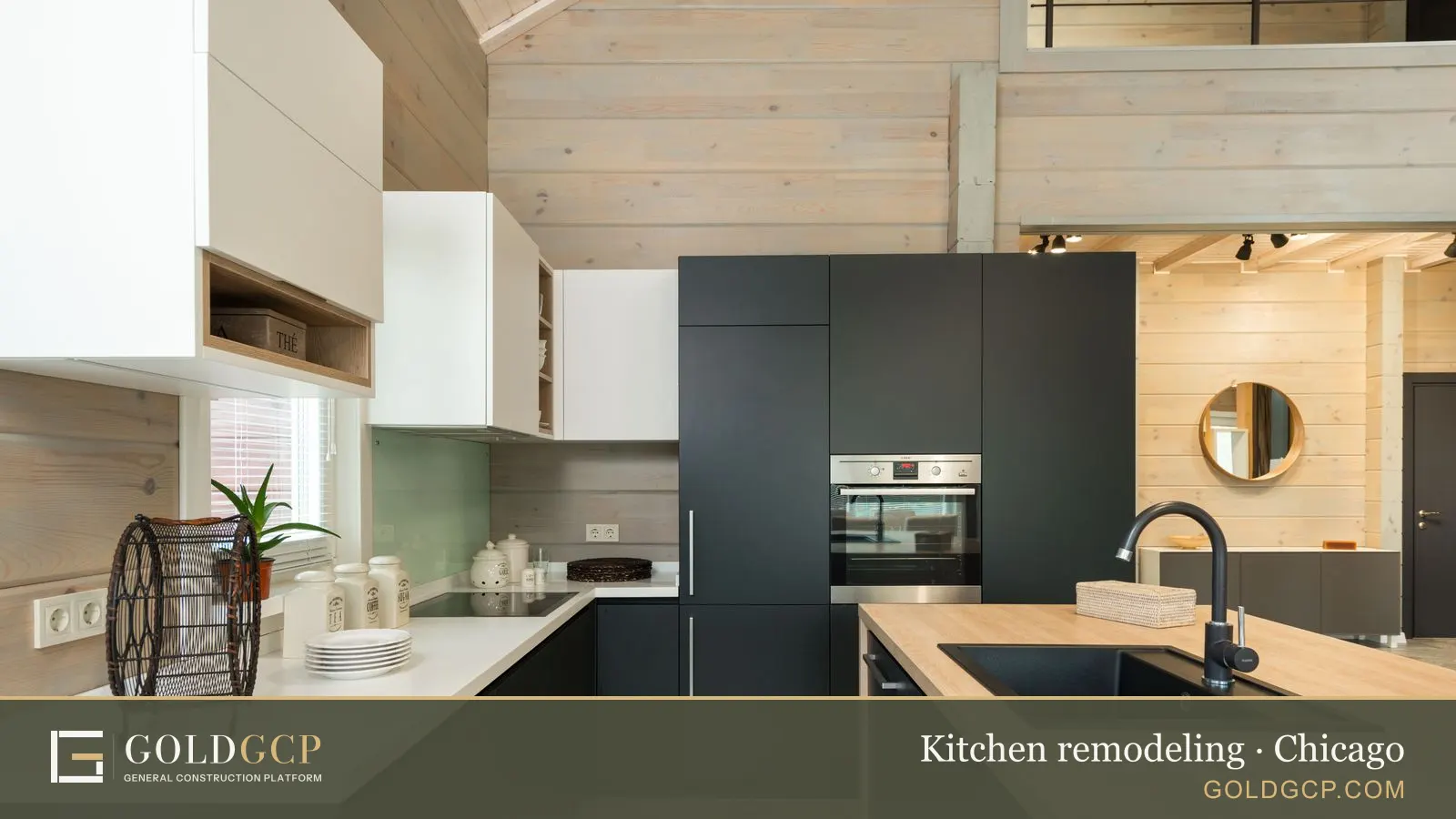Stylish kitchen with minimalist black and white cabinets, built in oven and stove, sink in counter