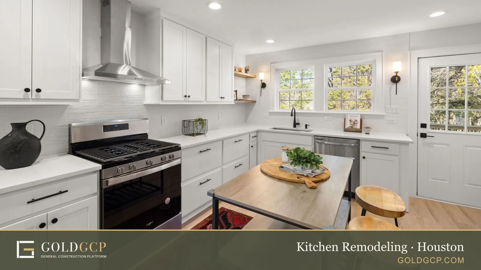 A remodeled white shaker kitchen with a gas range, open shelves and a wood-top island