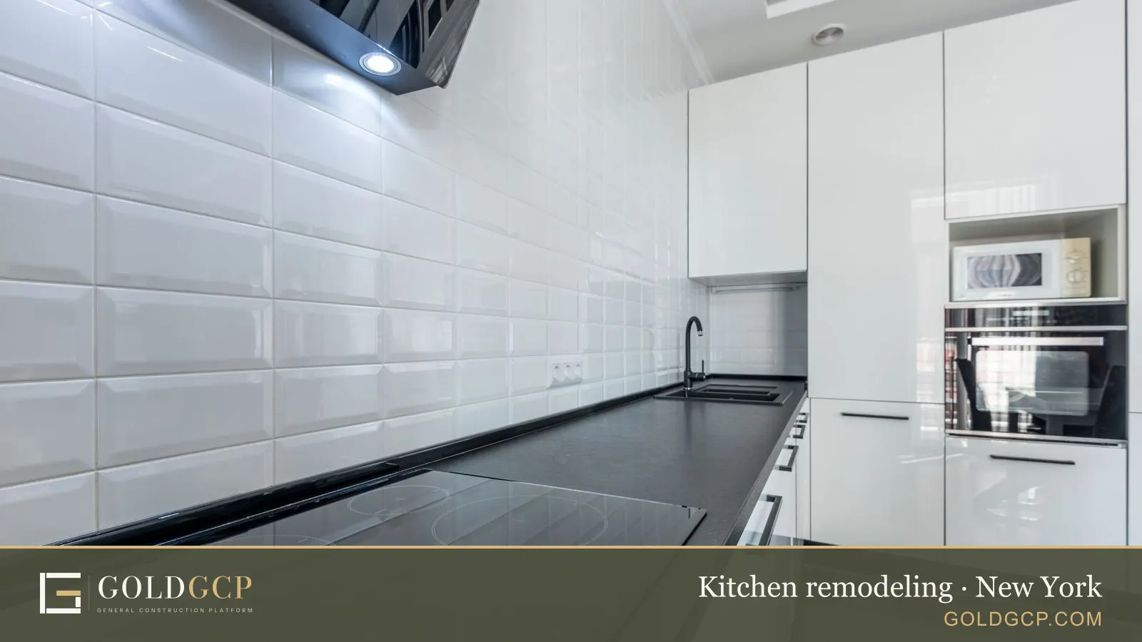 A bright kitchen with white cabinets, wood floors and a tiled wall