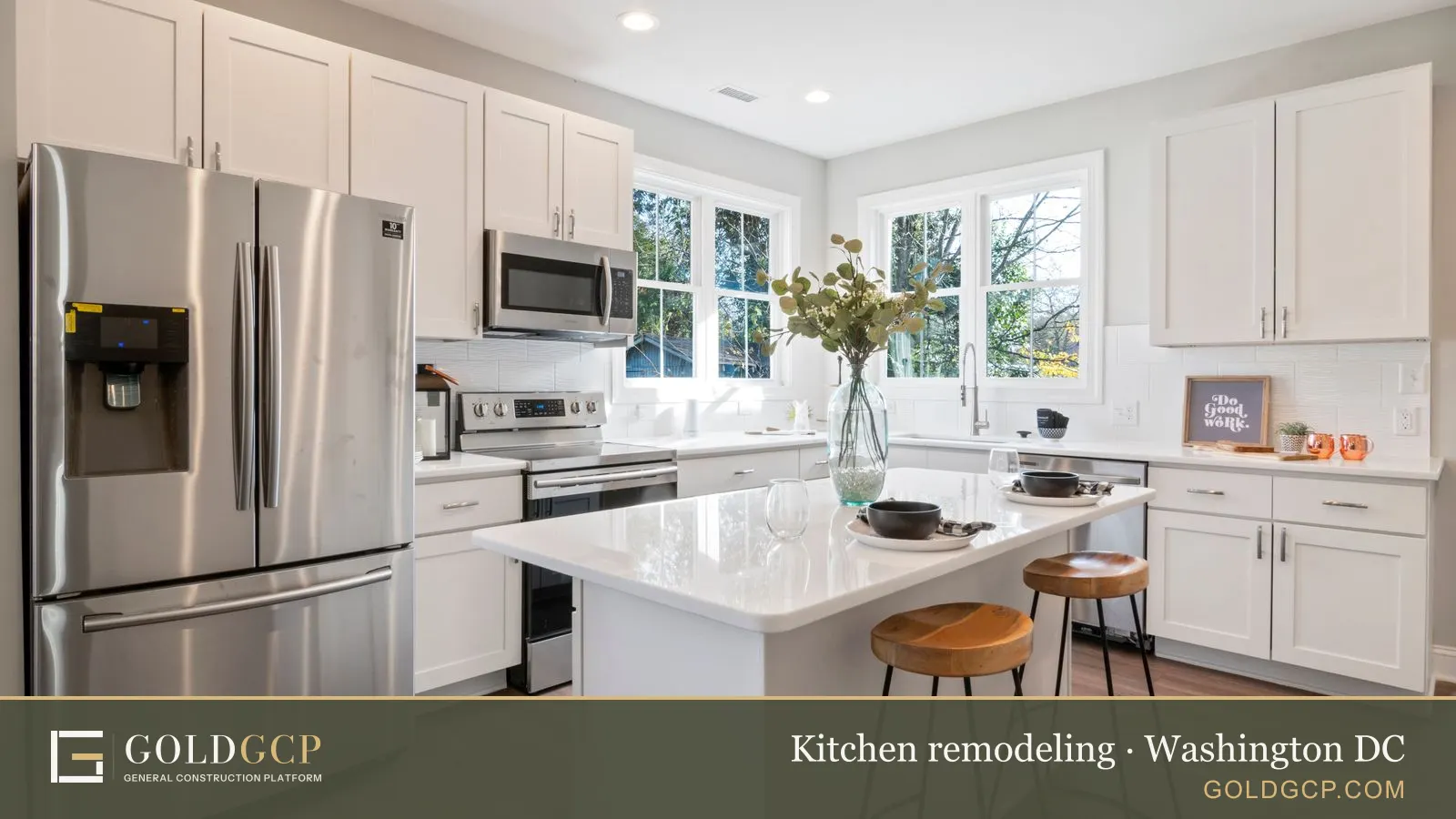 Bright and spacious modern kitchen with white cabinets and stainless steel appliances.