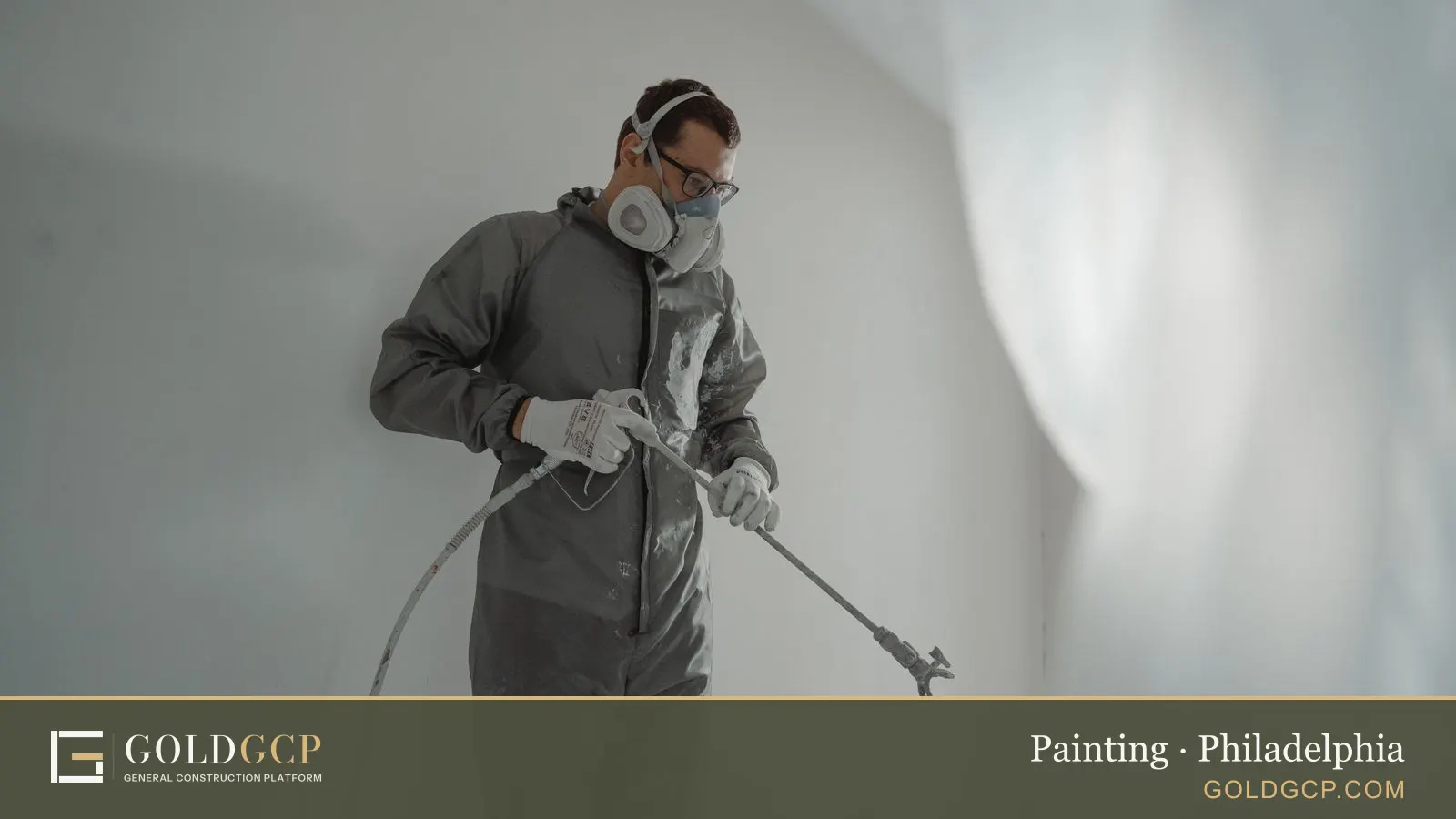 Person in protective gear painting a wall during house renovation work.