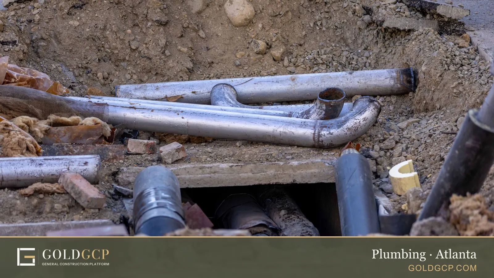 Close-up of urban pipe installation at a construction site with various pipes and materials