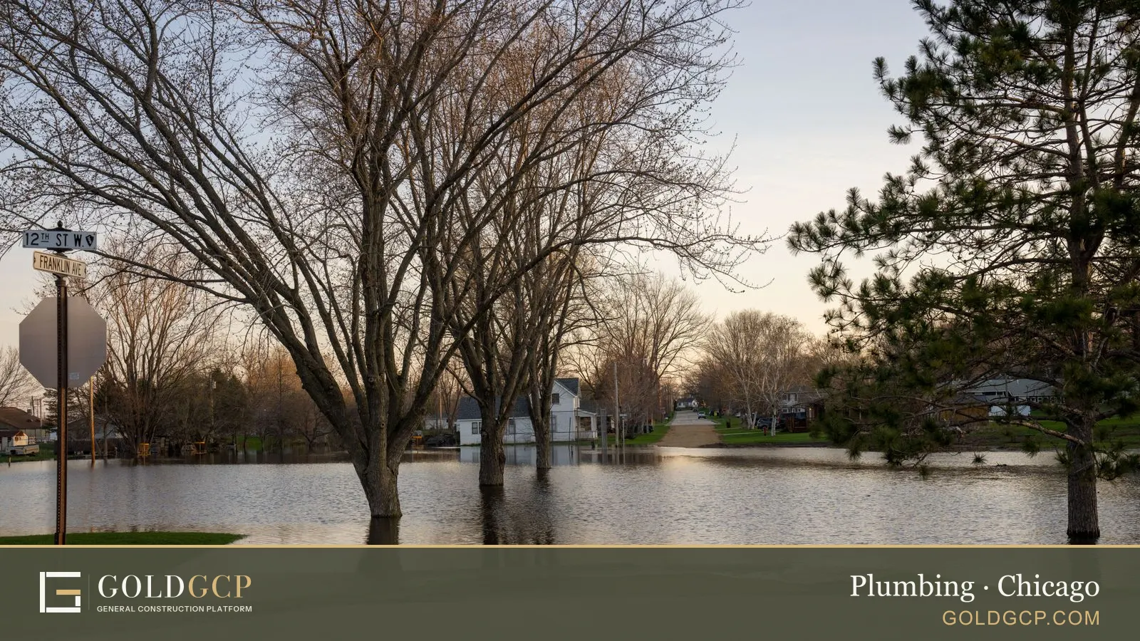 Floodwater covering a Midwest residential street after heavy rain
