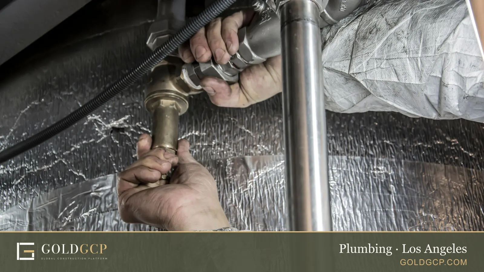 A plumber's hands fitting a brass valve onto a steel water pipe