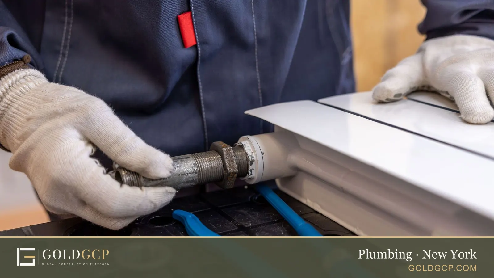 A plumber in work gloves threading a galvanized steel pipe into a radiator