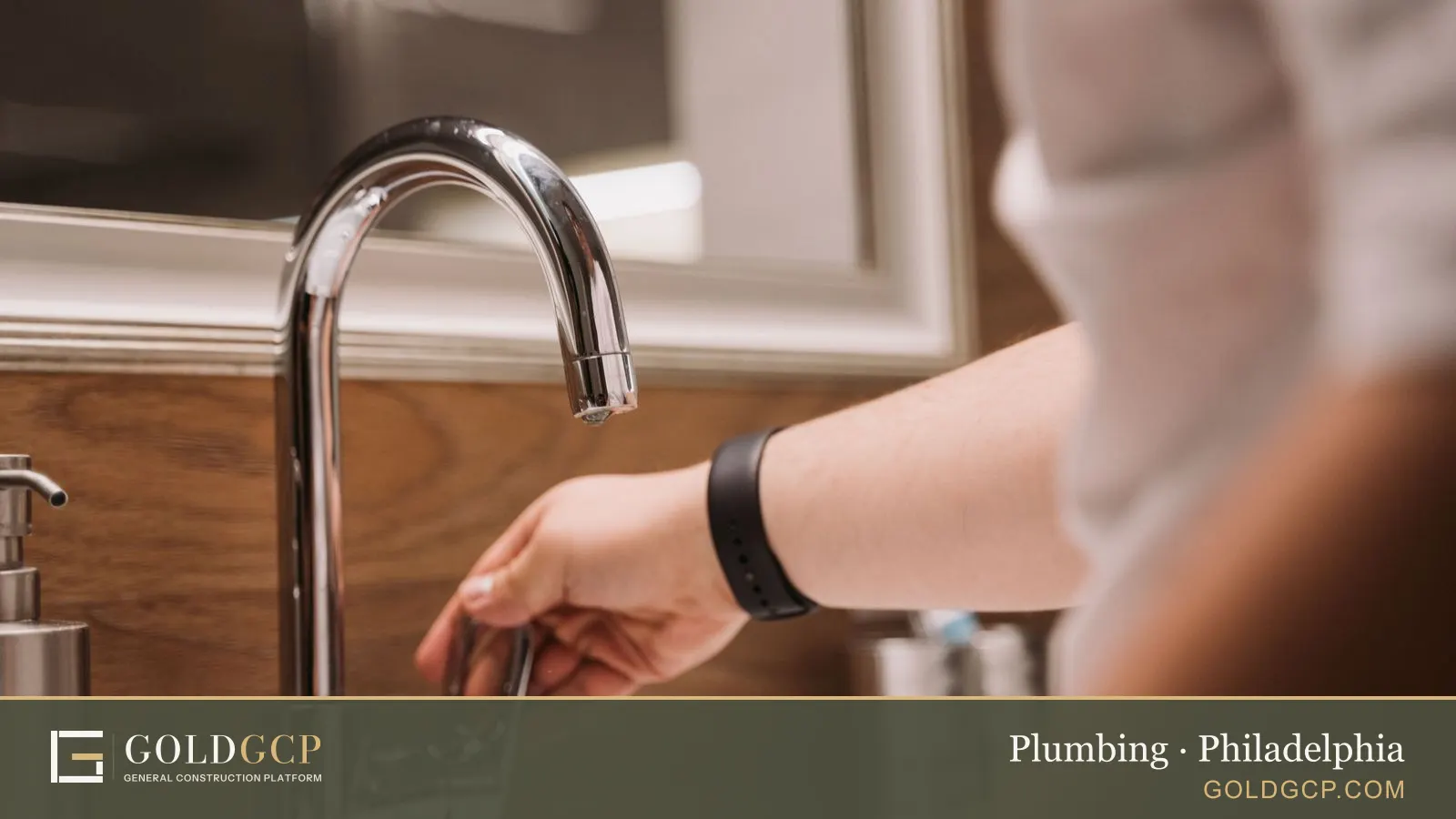 Close-up of a hand turning a chrome faucet handle in a modern bathroom.