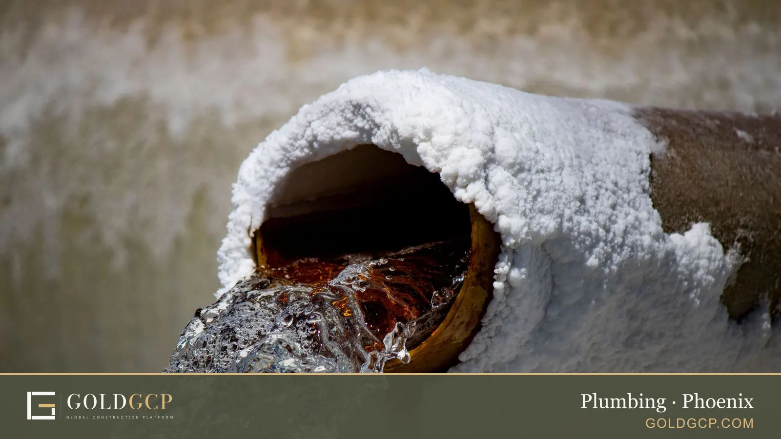 Water running from an old pipe crusted with white mineral deposits