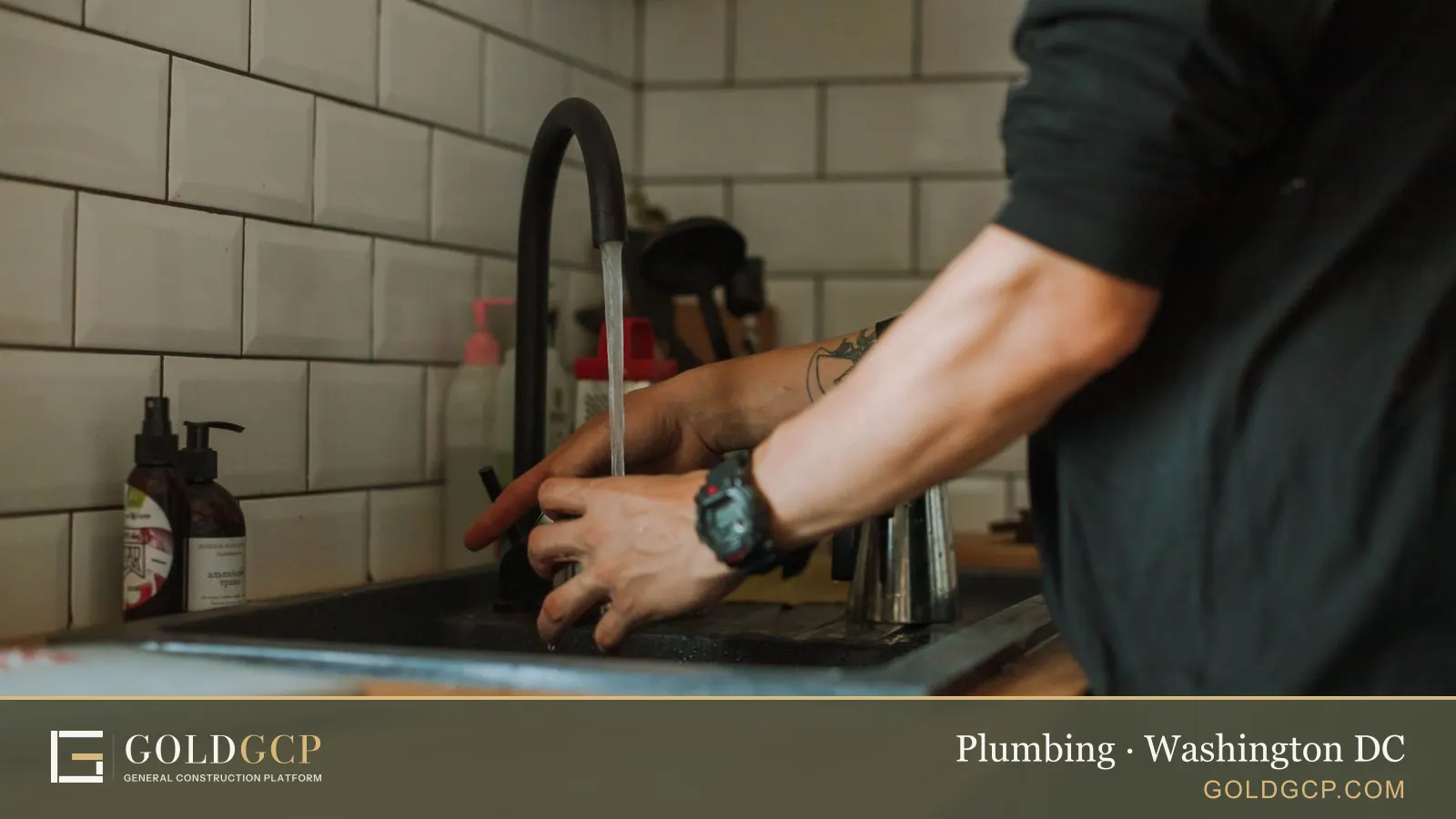 Close-up of a person washing hands at a sink with running water, wearing a wristwatch.