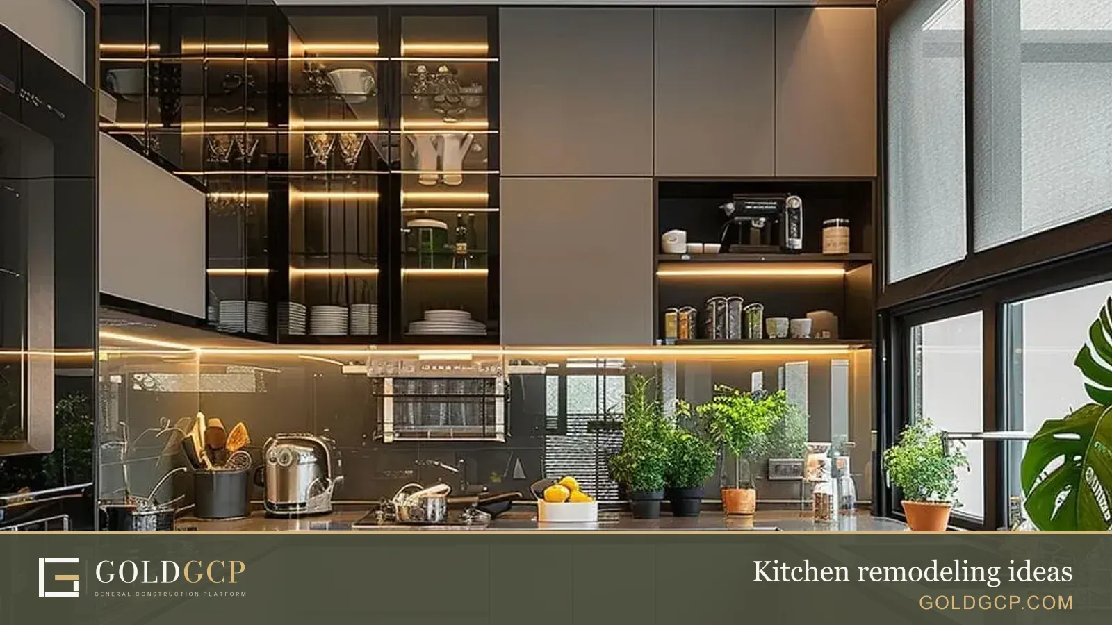 Kitchen with lit glass-front upper cabinets, gray flat-panel doors and potted herbs by tall windows