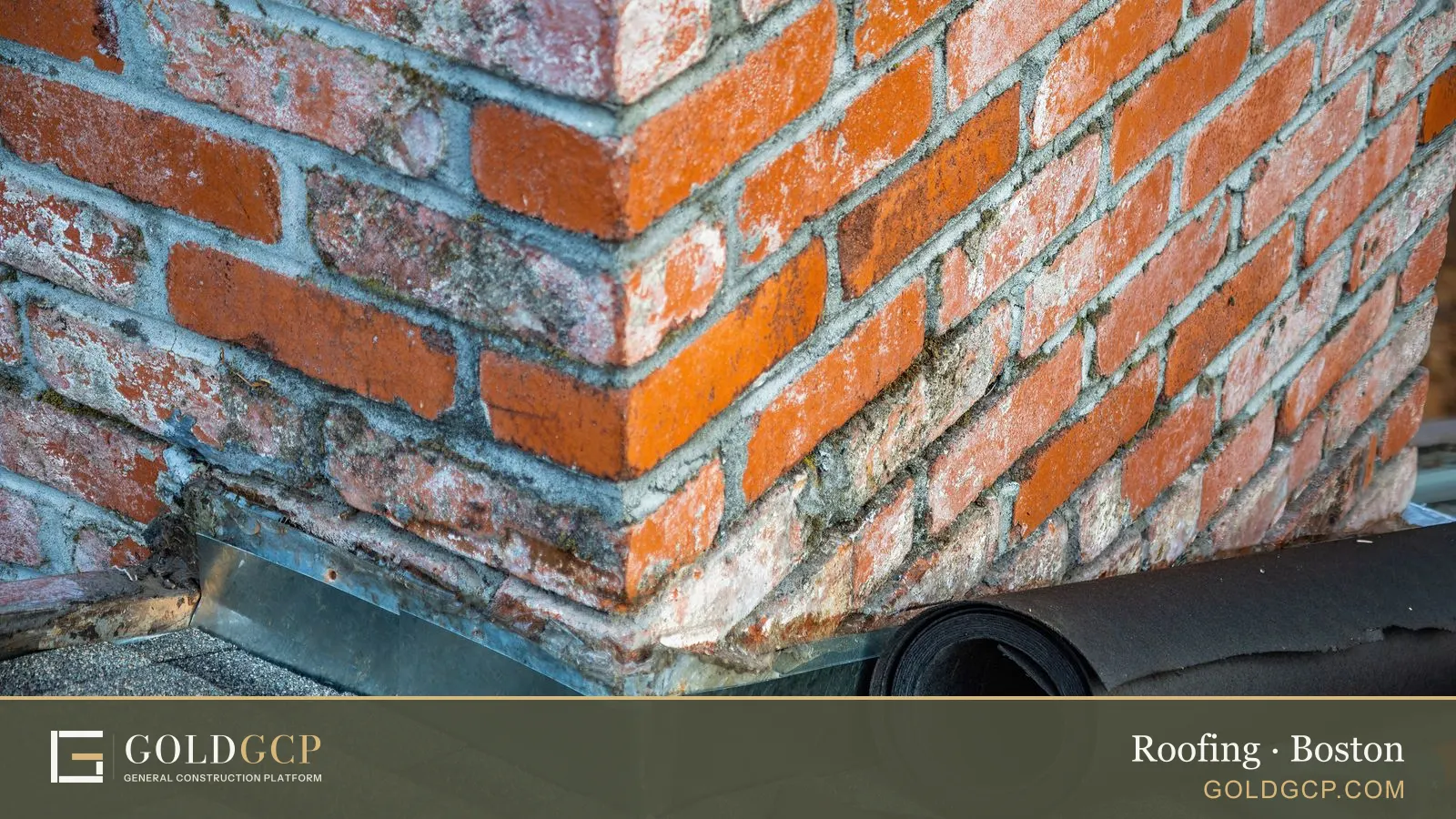 Brick chimney on an asphalt shingle roof with flashing, a roll of underlayment and tools for a repair.