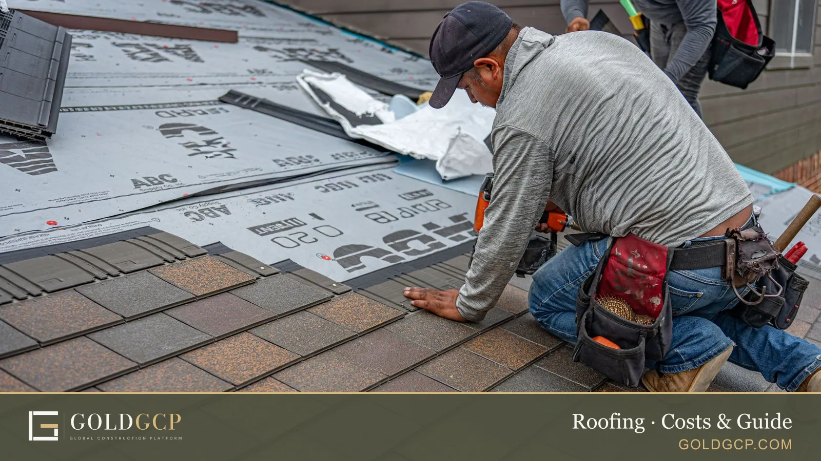 A roofer nailing new asphalt shingles onto a house roof