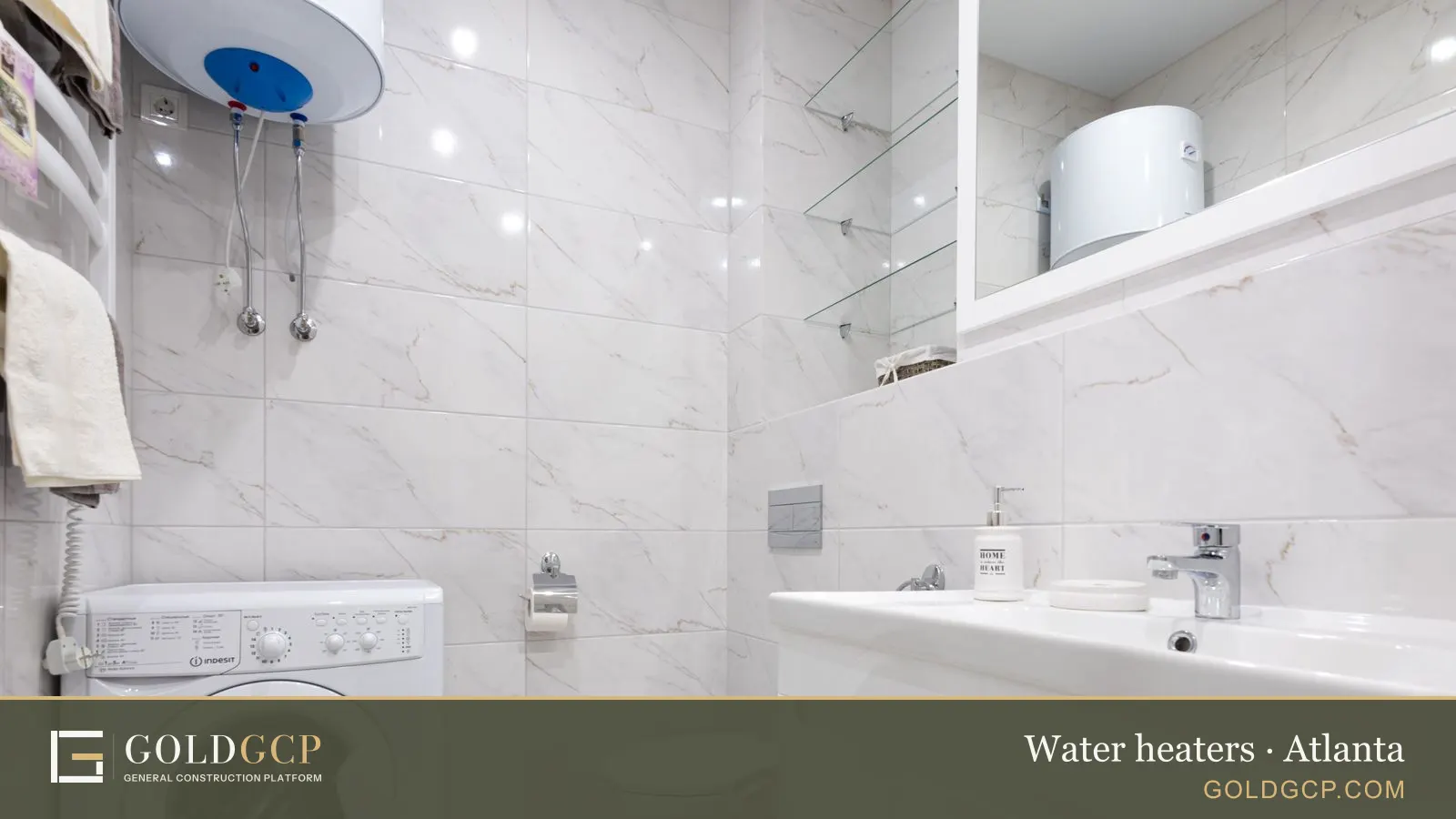 Bright minimalist bathroom with a washing machine and modern fixtures.